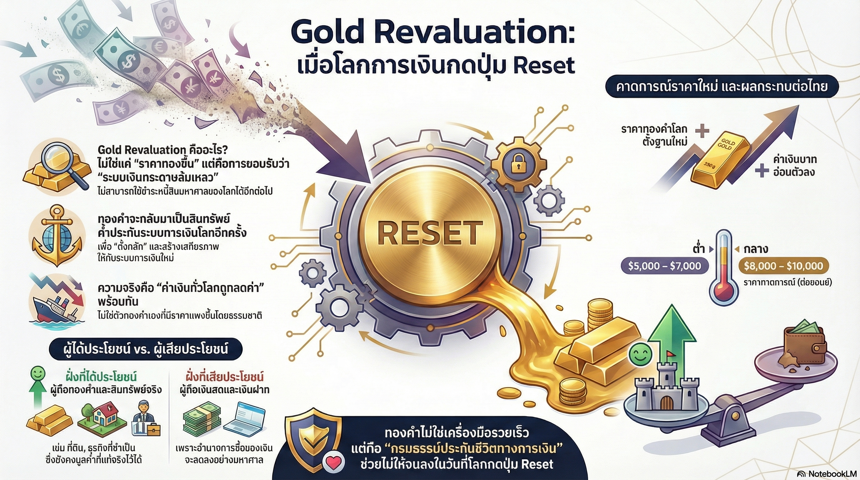 อินโฟกราฟฟิกอธิบาย Gold Revaluation การรีเซ็ตราคาทองคำโลก ผลต่อราคาทองคำวันนี้และค่าเงินบาท