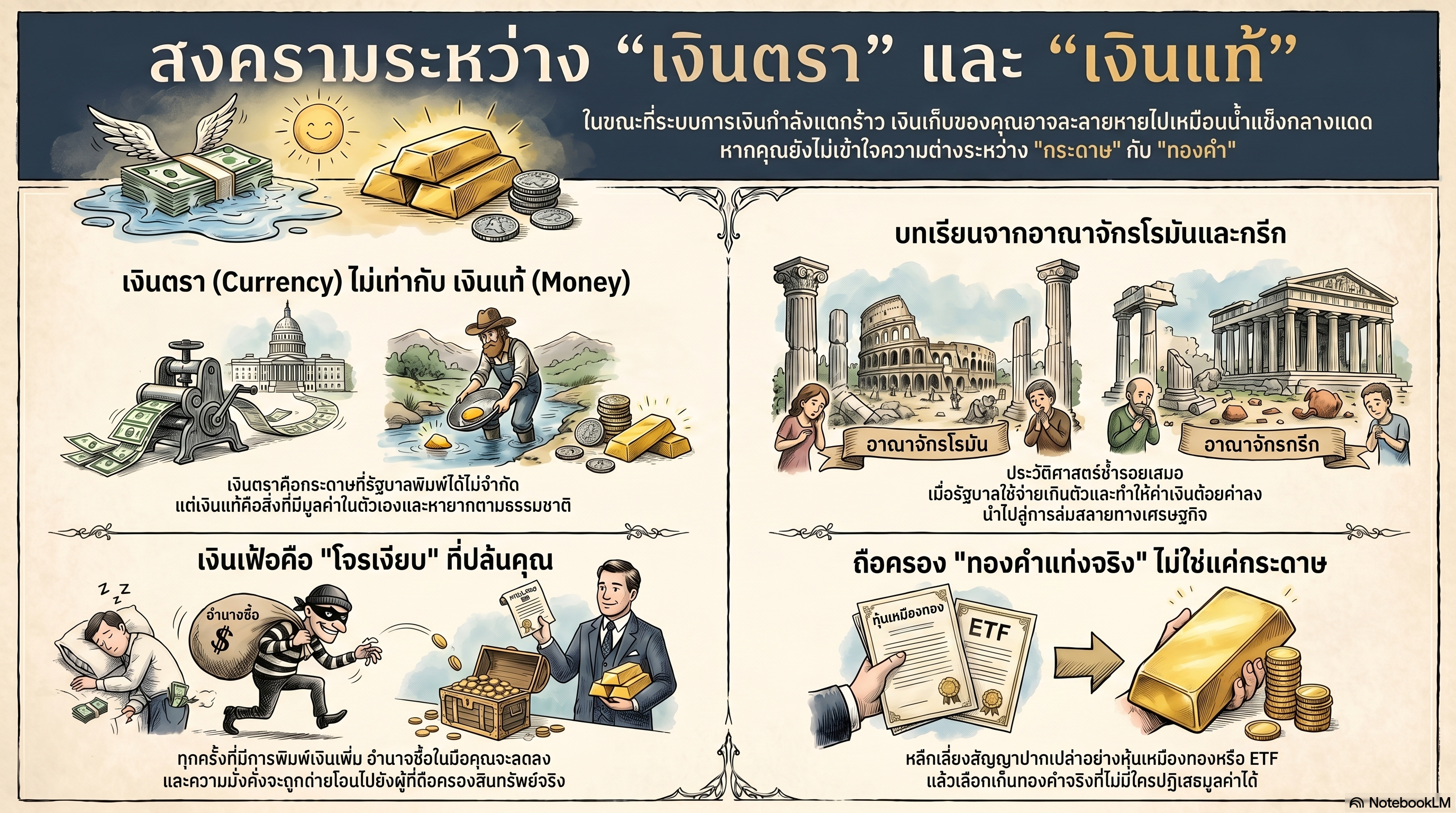 ภาพสรุปแนวคิดจาก Michael Maloney ทำไมเราถึงควรหยุดสะสมแค่กระดาษเงินตรา แล้วหันมาถือครอง "สินทรัพย์จริง" อย่างทองคำแท่ง เพื่อเป็นป้อมปราการสู้กับโจรเงียบที่เรียกว่าเงินเฟ้อ